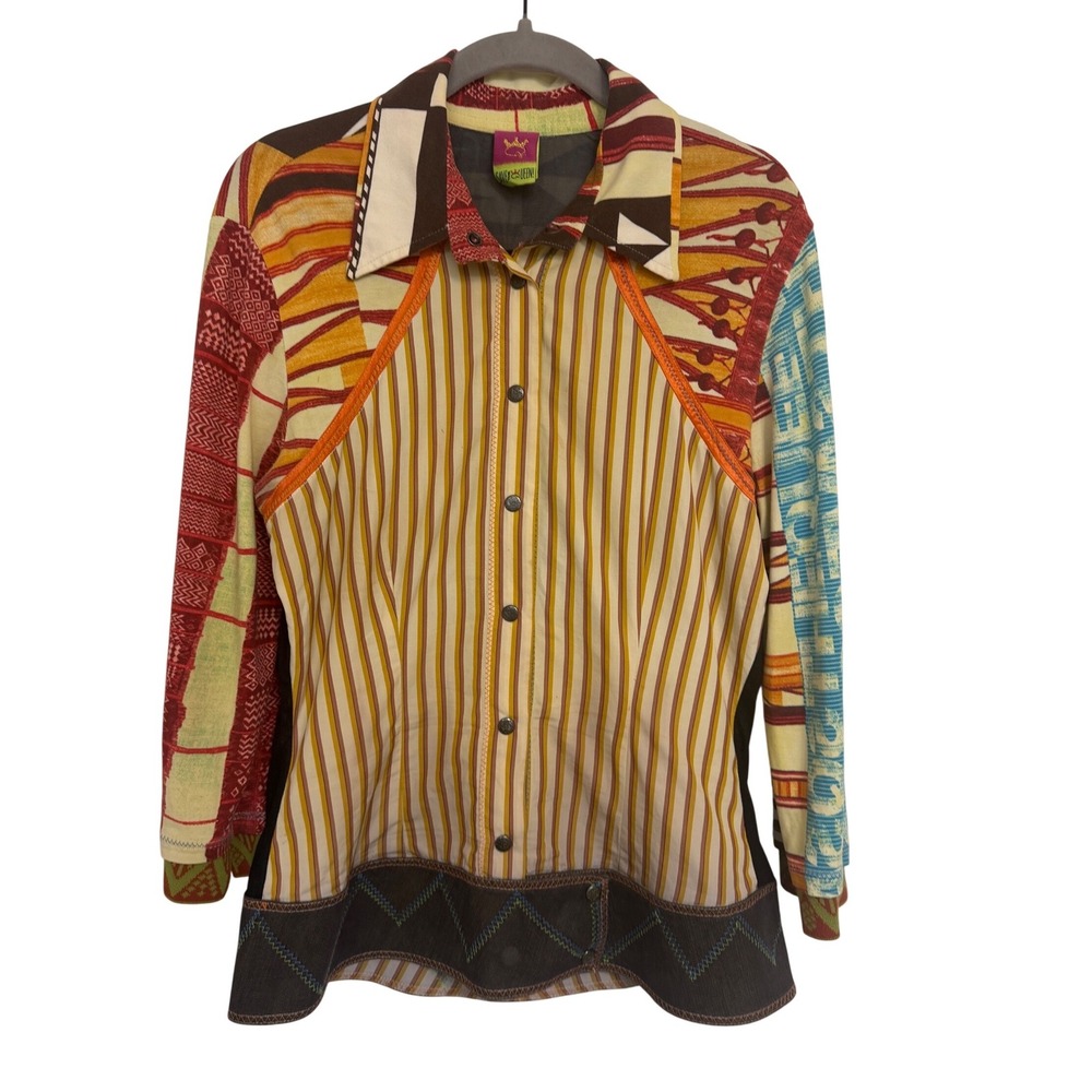 Save The Queen! Patchwork Mesh Back Snap Front Shirt Italy Multi Color Medium